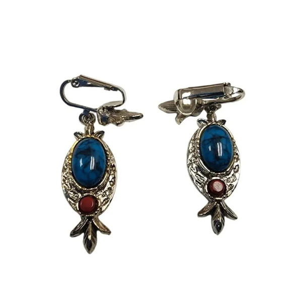 Blue Dome Stone Engraved Dangle Drop Earrings Clip on Silver Tone - Picture 1 of 2